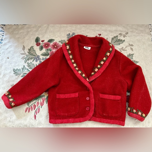 Vintage 80’s wool shawl collared jacket with crewel embroidery & blanket stitch - Picture 3 of 14